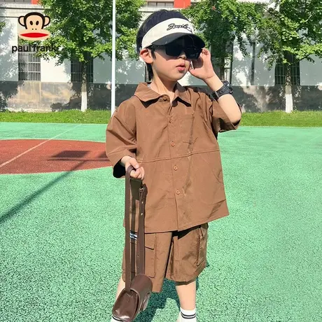 大嘴猴短袖衬衫套装休闲童装男孩纯色衬衣中大童潮流帅夏季两件套商品大图