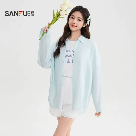 三福长衬衫2025夏季后背蕾丝拼接轻薄翻领宽松上衣女装503654商品大图