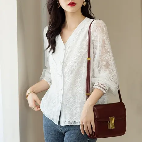 v领蕾丝拼接衬衫女春秋新款宽松加大码女装胖mm遮肚显瘦百搭小衫商品大图