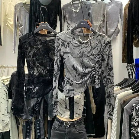 设计感不规则晕染单侧抽绳收腰T恤女2023秋韩版植绒网纱垫肩上衣t图片