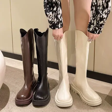 胖mm大筒围长靴女2023秋冬粗腿妹妹厚底中筒高筒骑士靴V口牛仔靴商品大图