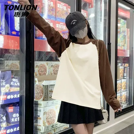 唐狮撞色圆领长袖t恤女2025新款秋季打底衫遮肉显瘦宽松上衣VB商品大图