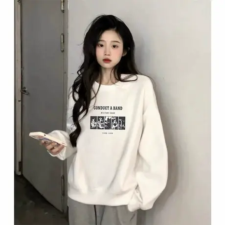 加绒白色套头圆领卫衣女秋冬2025新款爆款宽松长袖薄款上衣外套潮商品大图