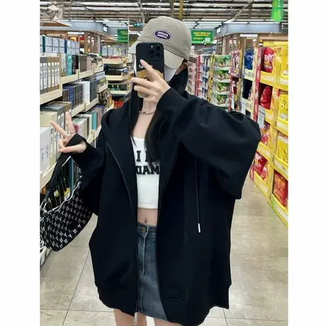 黑色外套开衫连帽卫衣女早秋薄款2025新款美式慵懒风宽松拉链上衣商品大图