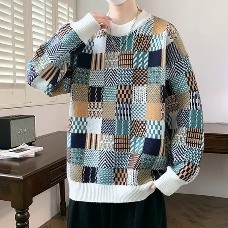 男士毛衣秋冬新款休闲宽松圆领线衣服男潮流青少年帅气格子针织衫商品大图