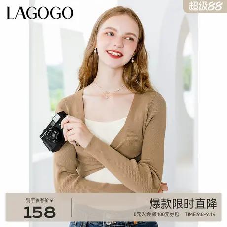 Lagogo撞色修身假两件女针织衫拉谷谷秋季新款软糯显瘦低领毛衣商品大图