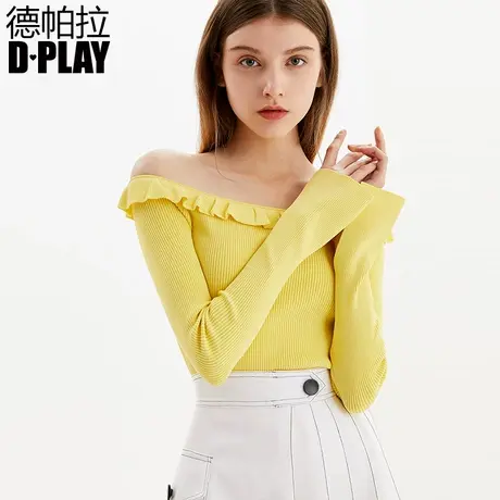 DPLAY德帕拉春新款欧美纯色一字肩长袖开叉波浪边针织打底衫商品大图