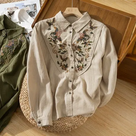 享永子【晓梦迷蝴蝶】春秋厚麻材质 刺绣亚麻衬衫女文艺复古上衣商品大图