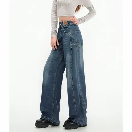 唐狮秋冬新款女牛仔裤直筒弯刀阔腿分割牛仔裤子时尚显瘦潮流TD商品大图