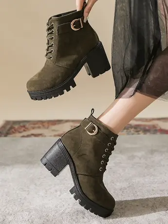 短靴女2023新款早秋单靴百搭粗跟复古瘦瘦马丁靴绒面高跟时装靴子图片