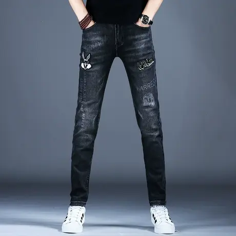 男士烟灰色刺绣牛仔裤男款高端潮牌潮流裤子修身小脚弹力2023新款商品大图