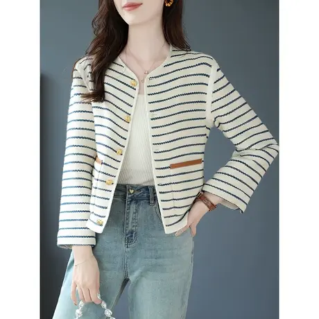 宝诗黎圆领条纹小香风针织短外套女2023秋季新款长袖时尚开衫上衣商品大图