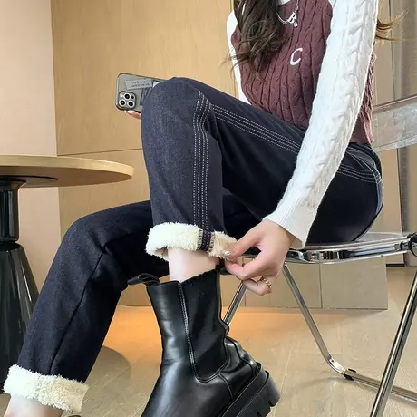 加绒高腰哈伦牛仔裤女冬季高腰宽松显瘦加厚羊羔绒遮胯老爹裤棉裤商品大图