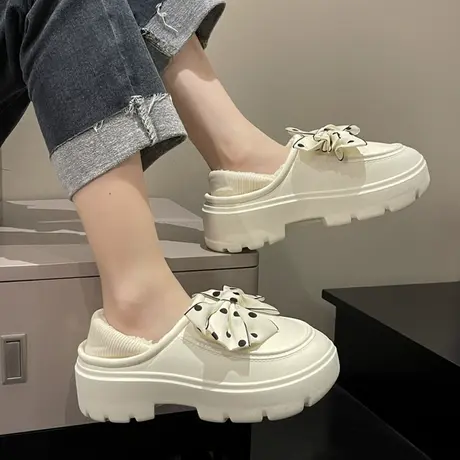 网红蝴蝶结时尚包跟棉拖鞋女秋冬季外穿厚底加绒保暖防水两穿棉鞋商品大图