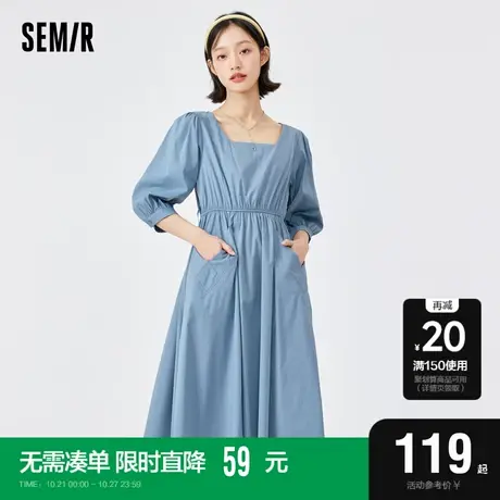 森马连衣裙女设计感纯色方领显瘦2022春新款蓝色a字裙子宽松百搭图片