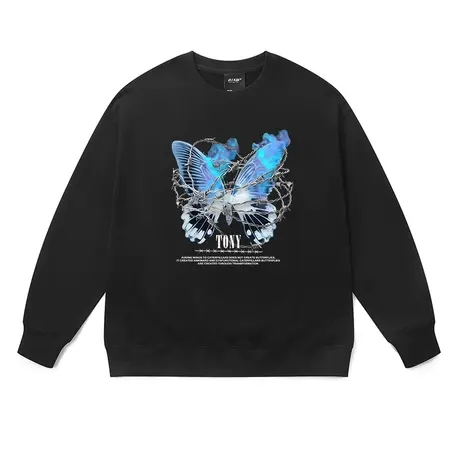 蝴蝶印花加绒圆领卫衣男潮牌美式高街设计感嘻哈情侣装打底衫秋冬图片