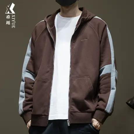 希越重磅加绒男士卫衣2023秋冬潮牌连帽开衫宽松大码绣花休闲外套商品大图