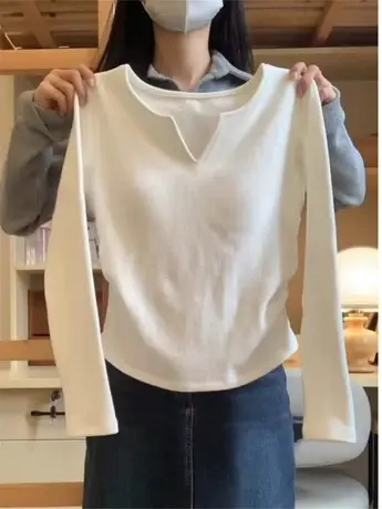 v领德绒打底衫白色内搭女短款上衣2023新款秋冬季加绒保暖长袖t恤商品大图