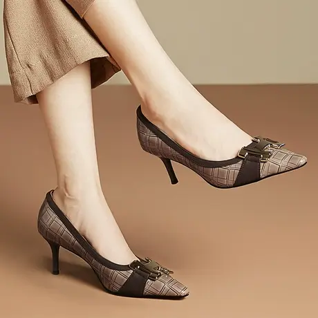 全真皮尖头细跟高跟鞋2023年夏季新款条纹拼接浅口单鞋女简约百搭商品大图