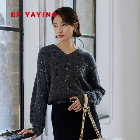 EP YAYING雅莹女装 山羊绒毛衣V领花纱针织衫 2023秋冬新款9516A商品大图