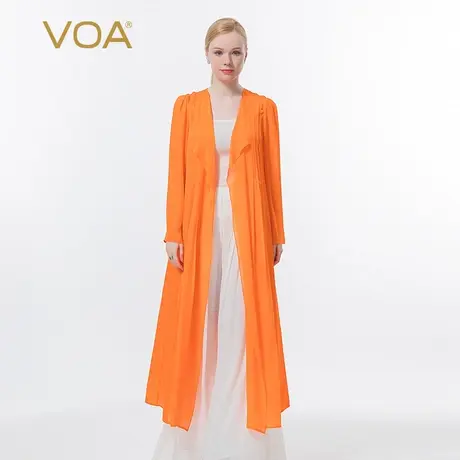VOA真丝双工艺提花长袖褶皱乔其撞料拼接空调衫桑蚕丝外套图片