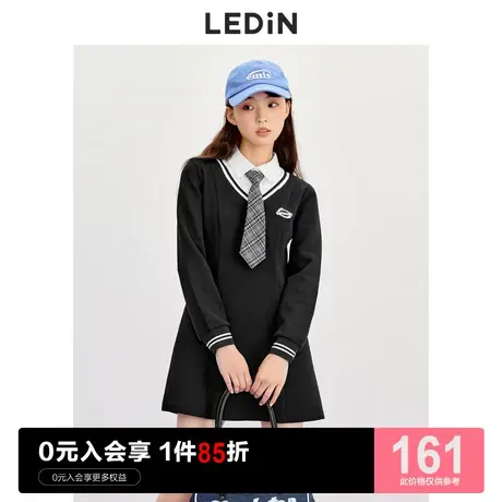 乐町假两件连衣裙休闲秋冬新款女装甜酷运动秋装领带衬衫小黑裙子商品大图