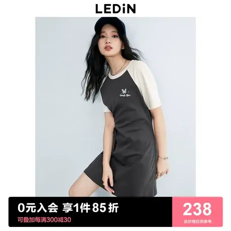 乐町休闲抽绳连衣裙23年夏季新款插肩短袖裙子设计感收腰圆领短裙商品大图
