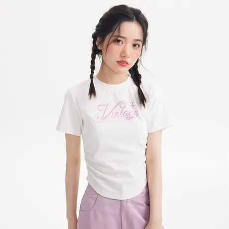 尔给洋气减龄镶钻小个子短款上衣女夏季美式复古正肩白色短袖t恤图片