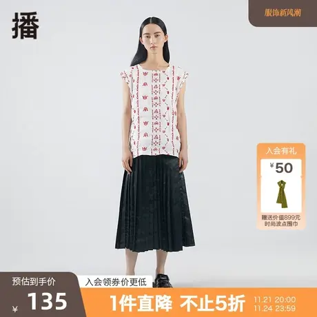 播夏季新款气质方领刺绣装饰麻质面料无袖衬衫女BDO2DD2208图片