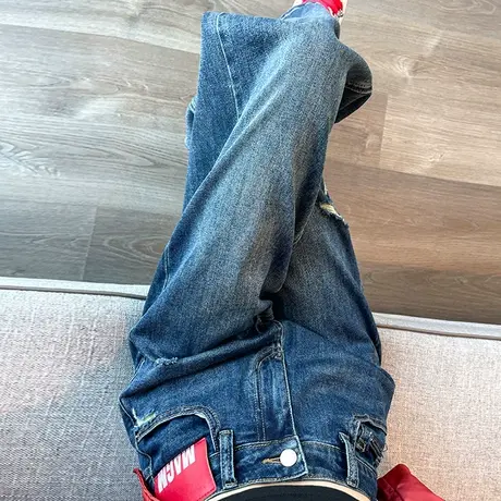 复古破洞阔腿牛仔裤女2023秋季新款薄款高腰显瘦宽松垂感拖地裤子商品大图