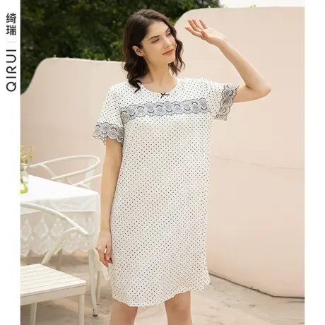 绮瑞睡衣女夏莫代尔短袖薄款波点睡裙女士夏季大码中长款家居服商品大图