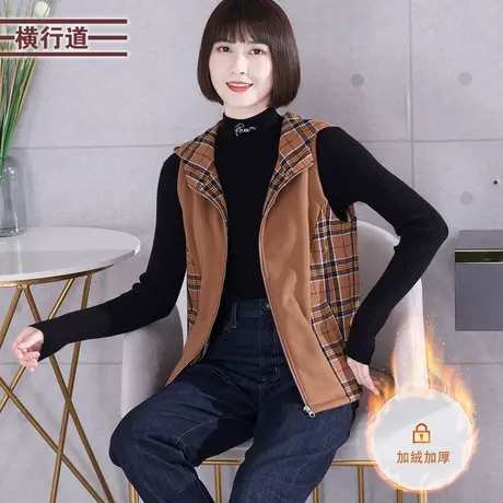 2025春季百搭加厚保暖上衣女装连帽格子加绒中年妈妈背心马甲外套图片