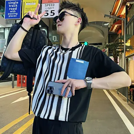 夏季短袖t恤新款潮流条纹拼接镂空设计潮男痞帅薄款半袖个性体恤商品大图