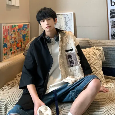衬衫男潮流设计感毛边拼色五分袖韩版夏季新款个性衬衣服短袖外套图片