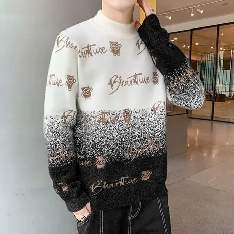 秋季潮流半高领毛衣男士潮牌字母渐变色青年宽松打底衫青年毛线衣图片