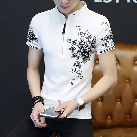 短袖t恤男韩版潮流修身立领印花潮牌衣服男士打底衫体恤半袖夏装商品大图