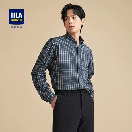 HLA/海澜之家时尚长袖衬衫2023秋冬方领抗静电格子休闲衬衣男商品大图