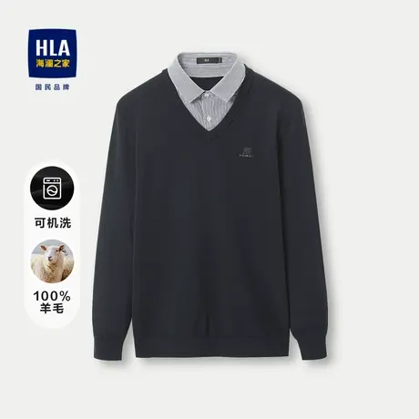 HLA/海澜之家长袖针织衫男2023秋季双领可机洗羊毛套头修身毛衣男图片