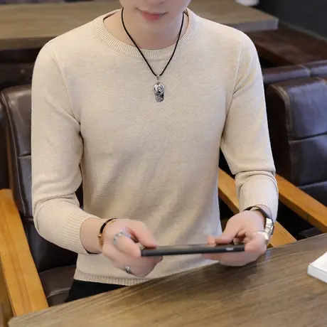 白色毛衣男韩版修身针织衫圆领弹力内搭秋冬打底衫贴身上衣衫线衫商品大图