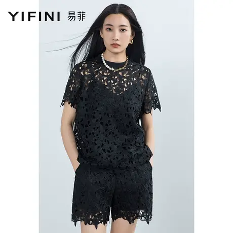 Yifini/易菲宽松蕾丝绣花短裤女夏季新款复古直筒裤百搭裤子商品大图