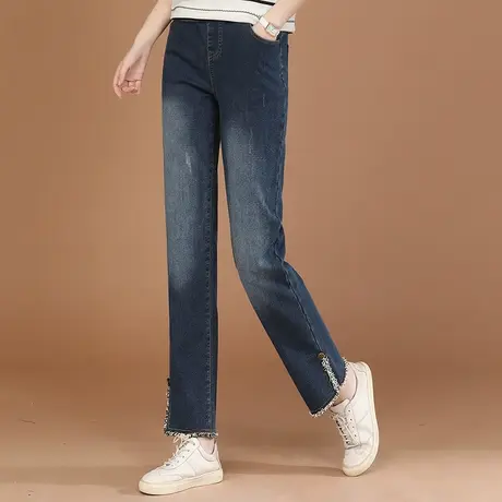 韩潮袭人松紧腰毛边开叉加绒直筒牛仔裤女冬新款显瘦烟管裤图片