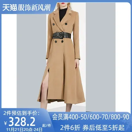 aui驼色气质设计感小众呢子大衣女长款过膝2023秋冬新款毛呢外套图片