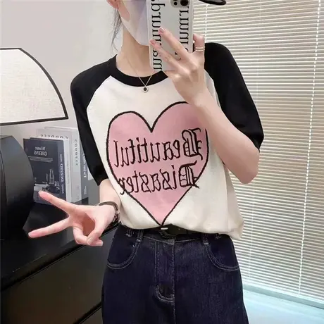 圆领针织衫女短袖薄款2023新款t恤夏季宽松减龄洋气半袖女士体恤商品大图