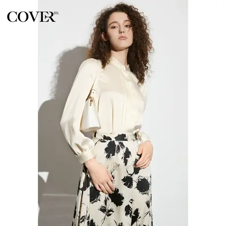 COVER2023春季缎面泡泡格纹褶皱衬衫图片