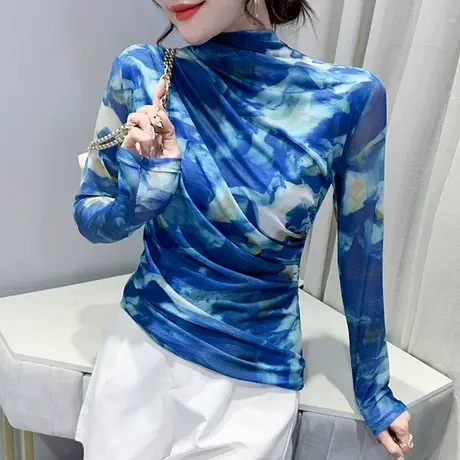 半高领打底衫女春秋2024新款时尚印花网纱长袖T恤修身加绒上衣潮商品大图