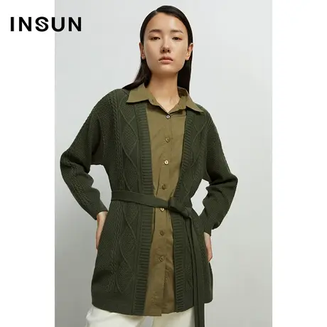 INSUN恩裳奥莱秋季假两件绿色系搭配针织衫图片