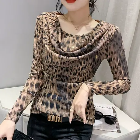 性感豹纹长袖T恤女假两件荡领网纱上衣秋季新款气质打底衫内搭ins图片