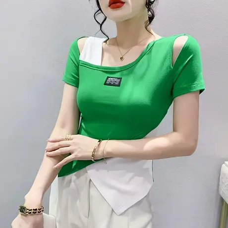 时尚拼色假两件上衣女短袖性感镂空露肩小衫设计感不规则开叉T恤商品大图