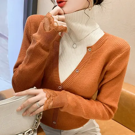 欧货加绒高领毛衣女秋冬设计感小众假两件打底衫内搭显瘦针织上衣图片