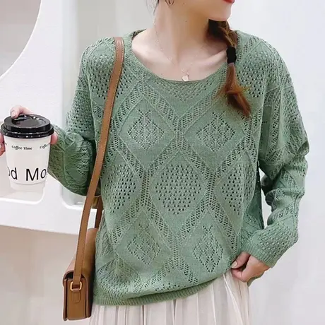秋装新款2023镂空慵懒圆领长袖针织衫女士时尚洋气打底衫毛衣上衣商品大图